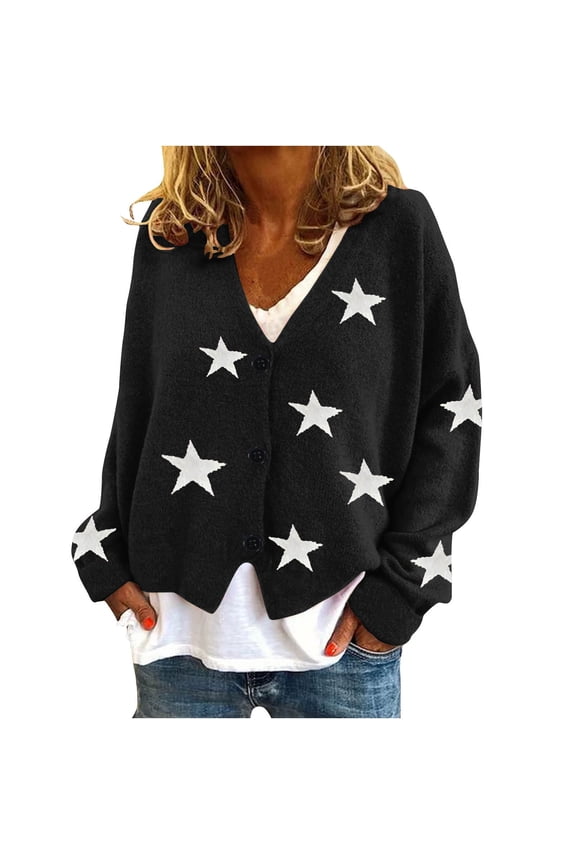 Cardigan Sweaters for Women Star Printed Coats Buttons Outwear Casual Long Sleeves Jacket V Neck Outerwear Loose Soft Sweater Fall Winter 2024 OutfitsClearance Saving,A01-Black,X-Large
