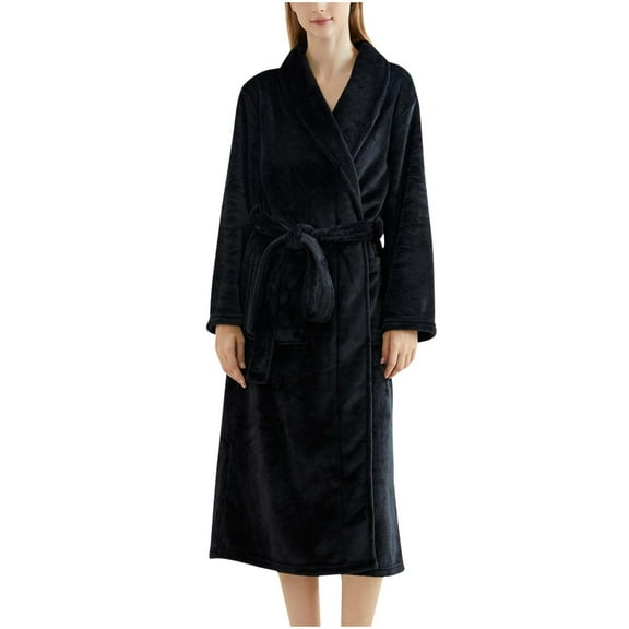 Gnurob Clearance Women Plush Fleece Robe, Unisex Thicken Warm Bathrobes Long Spa Robes with Pocket Solid Color Lapel Sleepwear Winter Fluffy Pajamas for Men Saving,Black,L