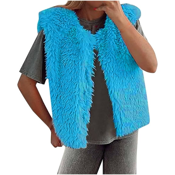Gnurob Clearance Women's Fuzzy Fleece Vest Cropped Sleeveless Jacket Outwear Sherpa Faux Fur Waistcoat Warm Winter Gilet Outerwear Open Front Cardigan Trendy Clothes Saving,Blue,XX-Large