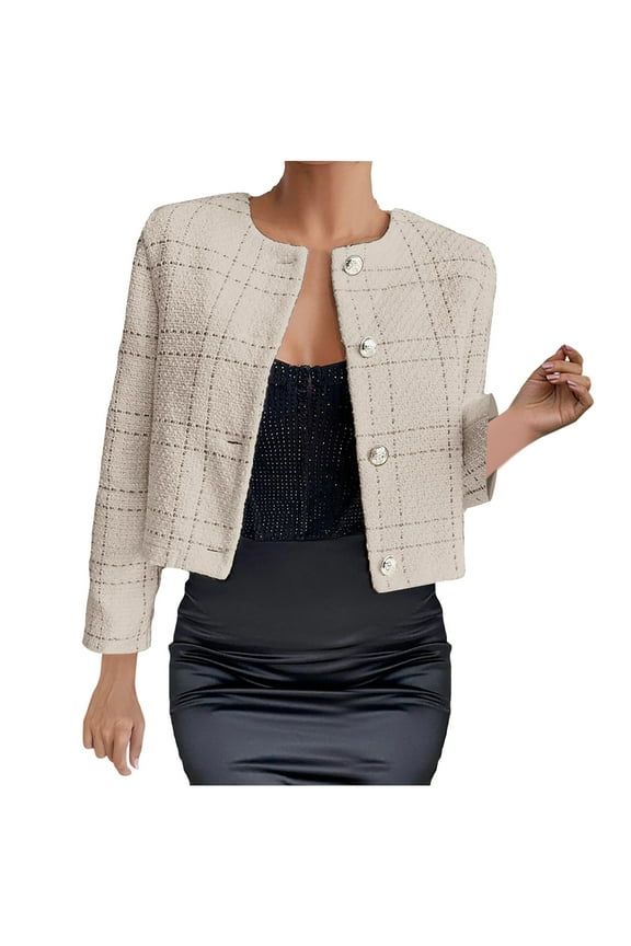 Clearance Women's Plaid Tweed Jacket Cropped Open Front Coat Round Neck Blazer Jackets Elegant Long Sleeve Coats Fashion Button Down Cardigan Saving,Khaki,Medium