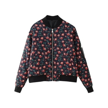 Gnurob Lightweight Down Jackets for Womens Quilted Puffer Coats Zipper Padded Jacket Floral Print Cropped Outwear Fuzzy Sherpa Coat Casual Long Sleeve Outerwear with Pockets Saving,Navy,Small