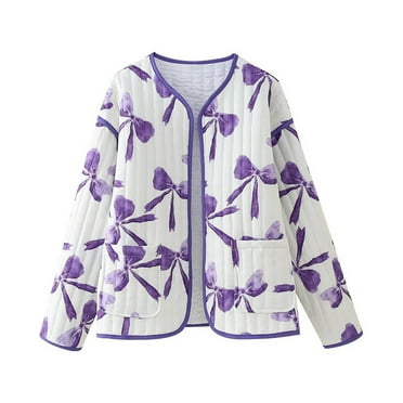 Gnurob Quilted Down Jacket for Women Lightweight Long Sleeve Coat Bow Print Puffer Jackets Button Coats Warm Winter Outerwear Open Front Cardigan with Pockets Saving,Purple,Medium