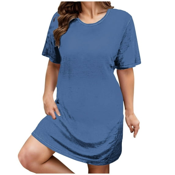 Gnurob Saving Plus Size Women Nightdress Short Sleeve Nightshirt Casual Crewneck Sleepdress Solid Color Pajamas Comfy Tshirt Night Gown Summer Going Out Clothes 2025 Deals,C08-Blue,4X-Large
