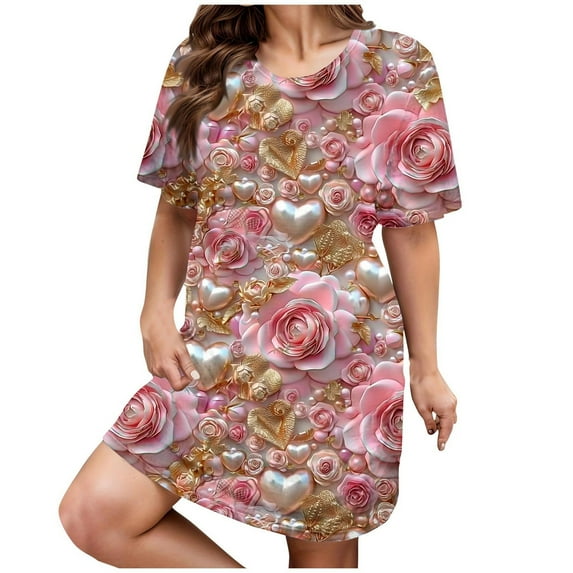Gnurob Saving Women Valentines Day Nightgown Love Heart Print Short Sleeve Sleepwear Comfy Crewneck Sleepshirts Color Block Nightshirt Plus Size Valentine's Gift for Her Deals,C07-Pink,XX-Large