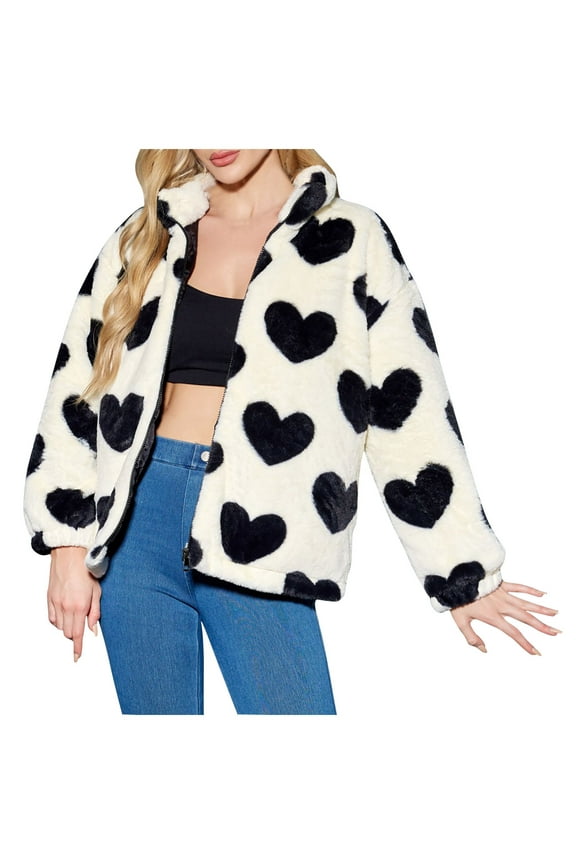 Women Faux Fur Outwear Fleece Fuzzy Jackets Love Heart Coat Winter Warm Jacket Full Zip Outerwear Soft Lapel Coats Long Sleeve Cardigan Sweater Saving,White,X-Large