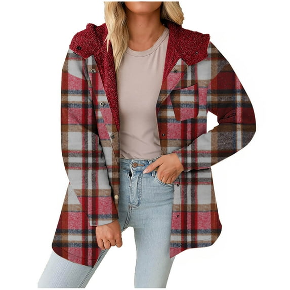 Gnurob Women Jacket Fleece Fuzzy Shacket Flannel Plaid Coats Button down Outerwear Color Block Jackets Cozy Hooded Tops Fashion Fall Winter 2024 OutfitsClearance Saving,A02-Wine,XX-Large