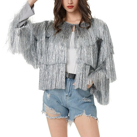 Gnurob Women Sequins Tassel Bomber Jackets Glitter Coats Long Sleeve Jacket Sparkly Fringe Outwear Open Front Cardigan Fashion Coat Party Blazers Clothes Clearance,Silver,Large
