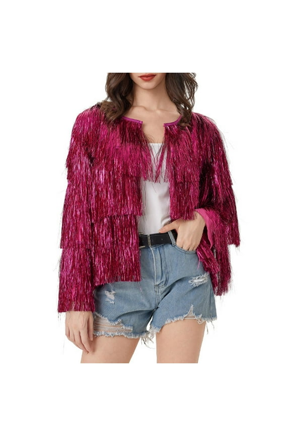 Women Sequins Tassel Bomber Jackets Glitter Coats Long Sleeve Jacket Sparkly Fringe Outwear Open Front Cardigan Fashion Coat Party Blazers Clothes Saving,Hot Pink,X-Large