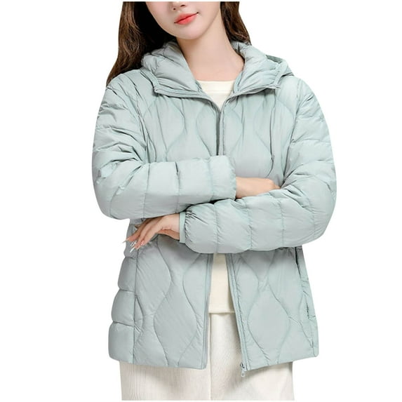 Gnurob Women's Hooded Puffer Jacket Long Sleeve Outerwear Zip Up Jackets Warm Winter Coat Teen Girls Quilted Parka with Hood Cropped Outwear Trendy 2024 ClothesClearance Saving,Light Blue,Large