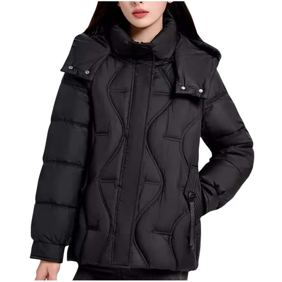 Gnurob Women's Puffer Jacket Quilted Winter Coats Hooded Down Jackets Warm Parka with Hood Casual Long Sleeves Outerwear Relaxed Fit Cropped Outwear Plus SizeClearance Saving,Black,5X-Large