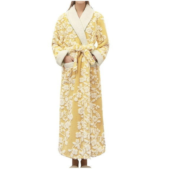 Gnurob Womens Bathrobe Plush Long Spa Robe Floral Jacquard Sleepwear Soft Fuzzy Pajamas Thick Fleece Loungewear Winter Warm Housecoat with Pockets for Girlfriend Clearance Saving,Yellow,3X-Large