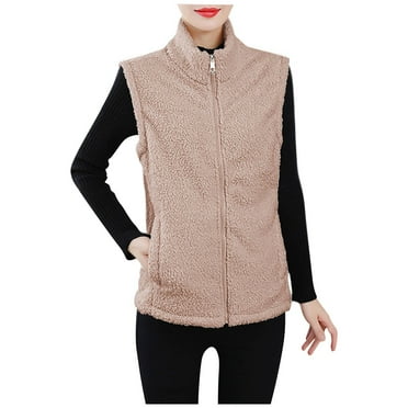 Gnurob Womens Fuzzy Fleece Vest, Casual Warm Sleeveless Coat Zip Up Sherpa Vests Stand Collar Jacket Thicken Thermal Outerwear with Pockets for Fall/Winter Plus Size Saving,Khaki,Large
