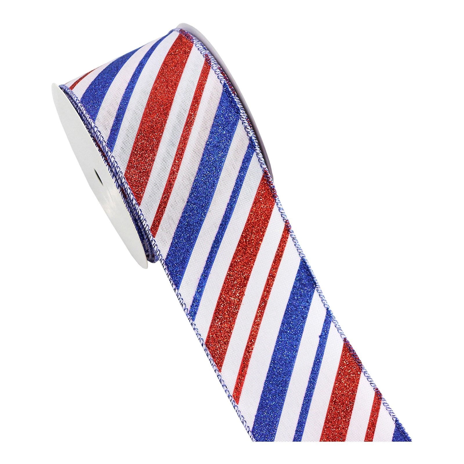 Gnwei 2.5 Inches x 10 Yards Red White Blue Patriotic Glitter Wired Ribbon – Gold Stars and Stripes Design (Striped Star) – 4th of July Ribbons for Holiday Decorations