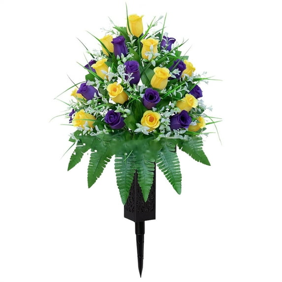 Gnwei Artificial Cemetery Flowers – Outdoor Rose Headstone Flower Saddle, Cemetery Flowers for Grave Vase, Artificial Rose, Silk Flowers for Long-Lasting Remembrance