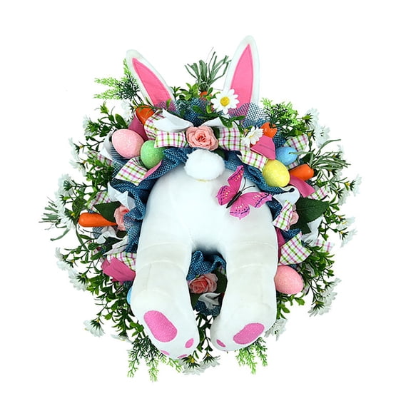 Gnwei Easter Bunny Wreath with Colorful Eggs Artificial Easter Wreath Mixed Flowers Green Leaves Hanging Bunny Shaped with Straw Hat and Bow for Front Door Wall