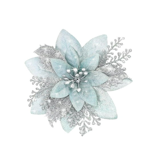 Gnwei Glitter Christmas Poinsettia Artificial Xmas Flower Ornaments Flowers Decorations with Clips and Stems Glitter Poinsettia Christmas Tree Ornaments for Christmas Wedding
