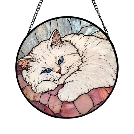 Gnwei Stained Glass Window Hanging Cute Cat 7.8" - Suncatcher Door Garden Sun Catcher Decor Birthday Mother's Day Christmas Comfort Gifts for Lost Pet Woman Mom Friend
