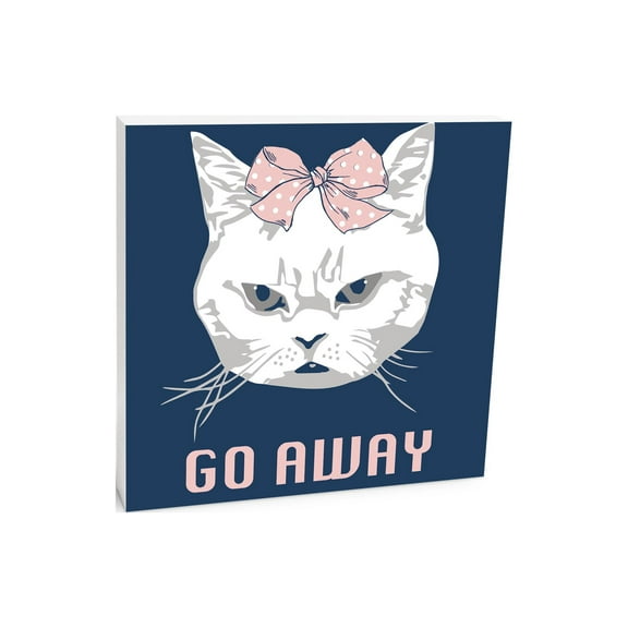 Go Away Blue Grumpy Cat Face 10 x 10 Wood Tabletop Sign Plaque