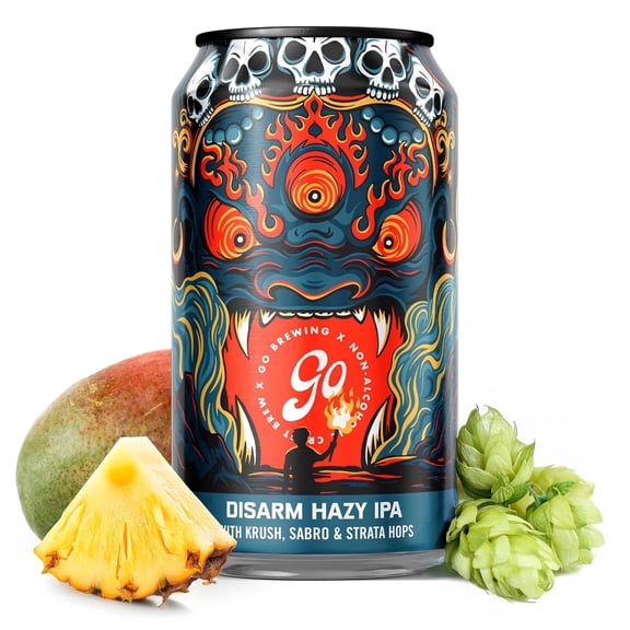 Go Brewing Disarm Non-Alcoholic Hazy IPA, Zesty Citrus and Tropical Fruit, 12 Oz, 12 Pack Cans