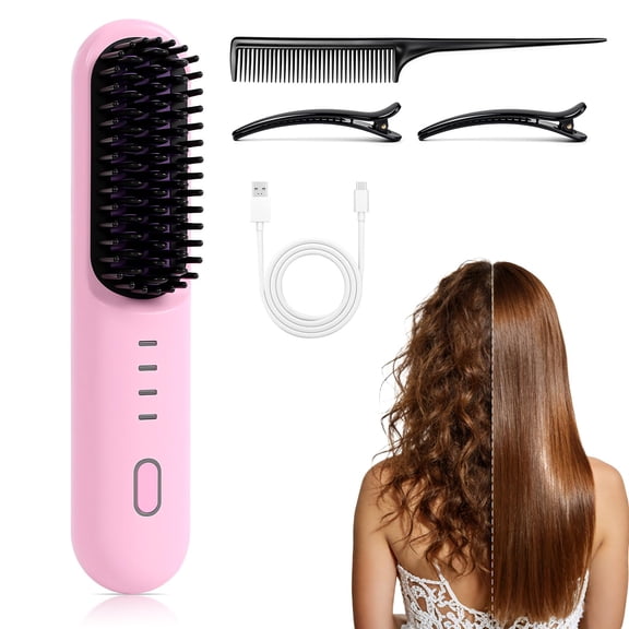 Go Brush - Pro for Short Hair, 2026 Upgraded Cordless Straightening Brush with 30s Fast Heat, 4 Temperature Settings, Ionic & Ceramic Care, USB-C Rechargeable for Frizz-Free Styling (B-Pink)