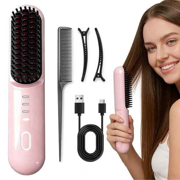 For Short Hair,4 Heat Settings for All Hair Types,2026 Upgraded Cordless Straightening Brush with 30s Fast Heat,4000mAh USB-C Rechargeable for Frizz-Free Styling (Pink)