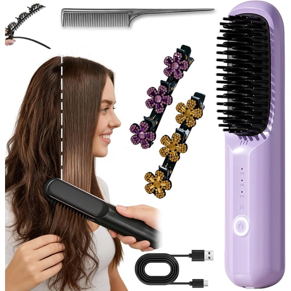 Go Bursh USB Ion Hair Straightening Comb, Cordless Fast Heating, Purple
