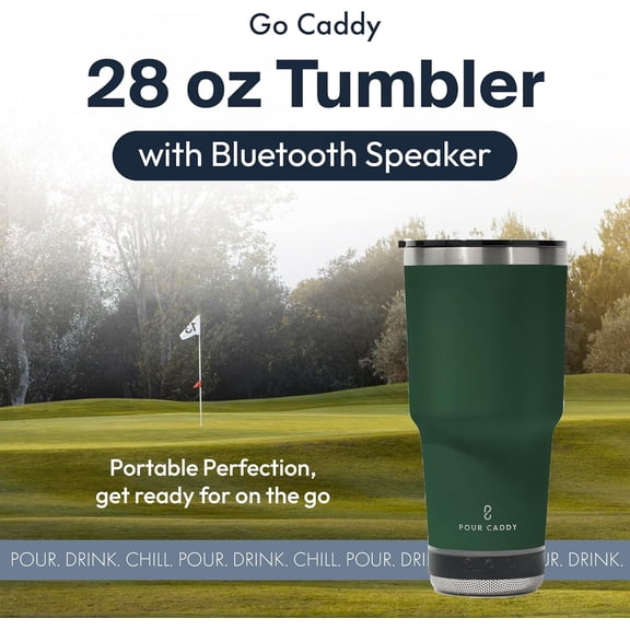Go Caddy 28 oz Tumbler with Bluetooth Speaker, Insulated Stainless Steel Travel Cup with Lid, Hot & Cold Drink Beverage Container, Removable Speaker with Microphone, Rubber Base, Dark Green