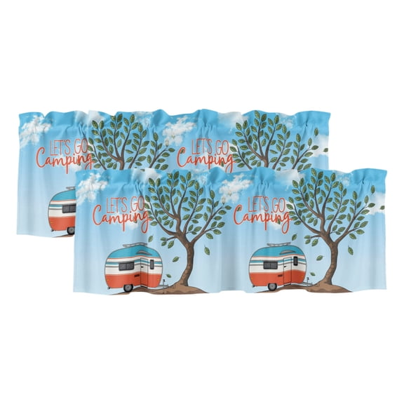 Let's Go Camping 2 Panels Kitchen Valance, Caravan RV Tree Spring Summer Curtains Valances for Small Windows Rod Pocket Window Treatments for Living Room Bedroom 42" W x 18" L