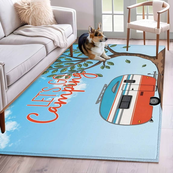 Let's Go Camping Area Rugs 2.7'x5', Washable Small Throw Rugs for Kitchen Bedroom, Modern Camper Van Trees Blue Sky Indoor Outdoor Rug Non-Slip Low Pile Carpet Runner Reversible Floor Mats