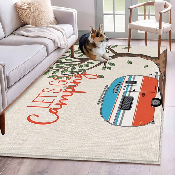 Let's Go Camping Area Rugs 3x5 ft Caravan RV Tree Spring Summer Vintage Washable Rug Non Slip Indoor Carpet Absorbent Floor Mat for Living Room Bedroom Dining Room