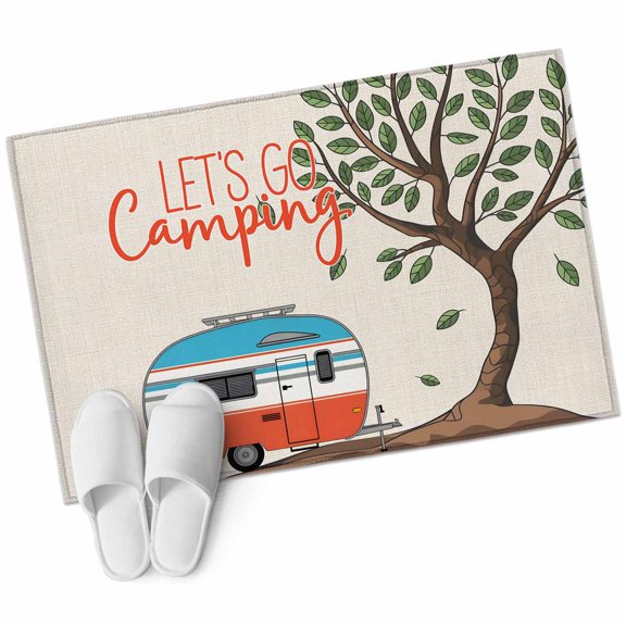 Let's Go Camping Bathroom Rug Washable 2x3 Entryway Rug Non Slip Modern Camper Van Trees Burlap Rustic Front Door Mat Low Pile Indoor Doormat Throw Floor Carpet for Kitchen Bedroom Entrance