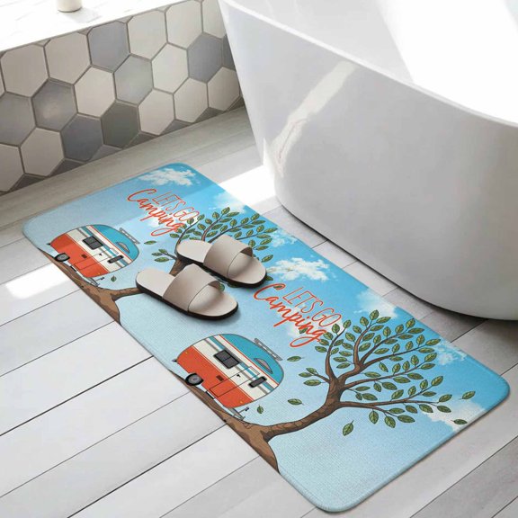 Let's Go Camping Bathroom Runner Rugs Non Slip Washable Absorbent Narrow Long Bath Mat Modern Camper Van Trees Blue Sky Runner Rugs for Kitchen Hallway Bedroom Laundry Study Room 31.5"x78.7"