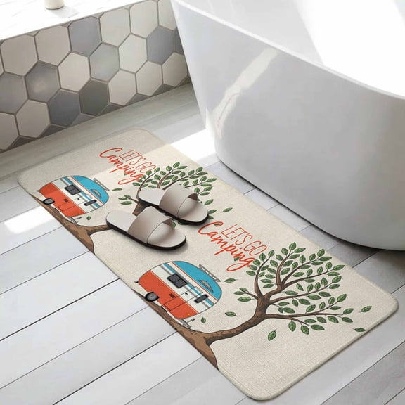 Let's Go Camping Bathroom Runner Rugs Non Slip Washable Absorbent Narrow Long Bath Mat Modern Camper Van Trees Burlap Rustic Runner Rugs for Kitchen Hallway Bedroom Laundry Study Room 15.7"x47.2"