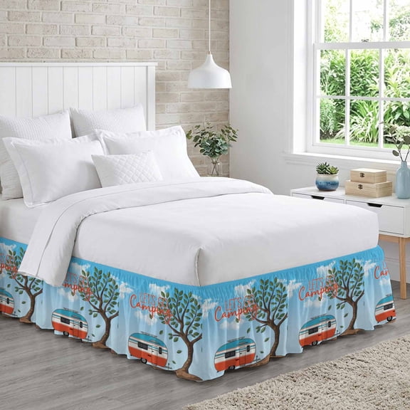 Let's Go Camping Bed Skirt Queen Size 16 Inch Drop, Caravan RV Tree Spring Summer Adjustable Elastic Dust Ruffles Bedskirt for Queen Bed Wrap Around Pleated Mattress Frame Cover