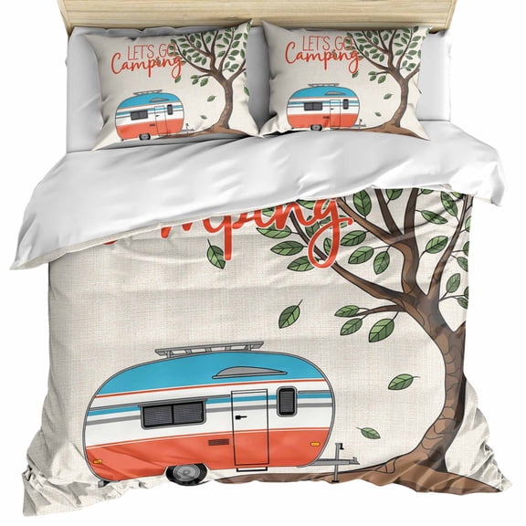 Let's Go Camping Bedding 3 Piece Duvet Cover Set Twin Size, Modern Camper Van Trees Burlap Rustic Microfiber Comforter Cover with Zipper Closure & Pillowcases, Wrinkle & FadeResistant Quilt Cover