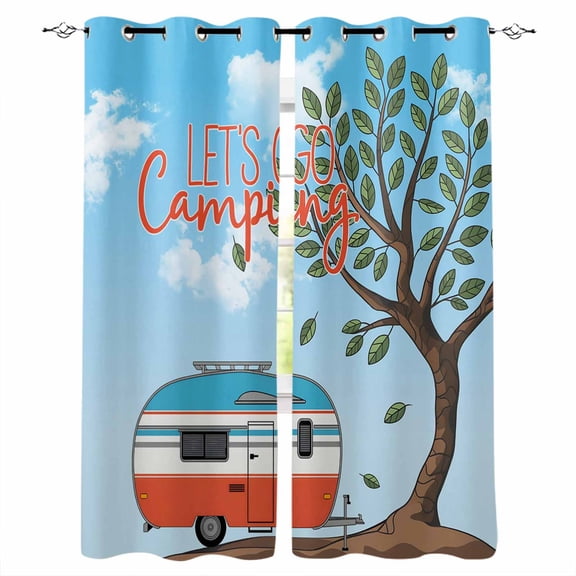 Let's Go Camping Blackout Curtains for Bedroom/Living Room, Thermal Insulated Kitchen Curtains, Modern Camper Van Trees Blue Sky Grommet Darkening Window Treatment Drapes 27.5"x39"x2