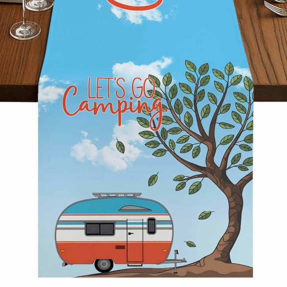 Let's Go Camping Burlap Cotton Table Runner 13x36 Inches Short, Modern Camper Van Trees Blue Sky Farmhouse Table Runners, Outdoor Dining Tablecloths Decor for Baby Shower/Party/Wedding