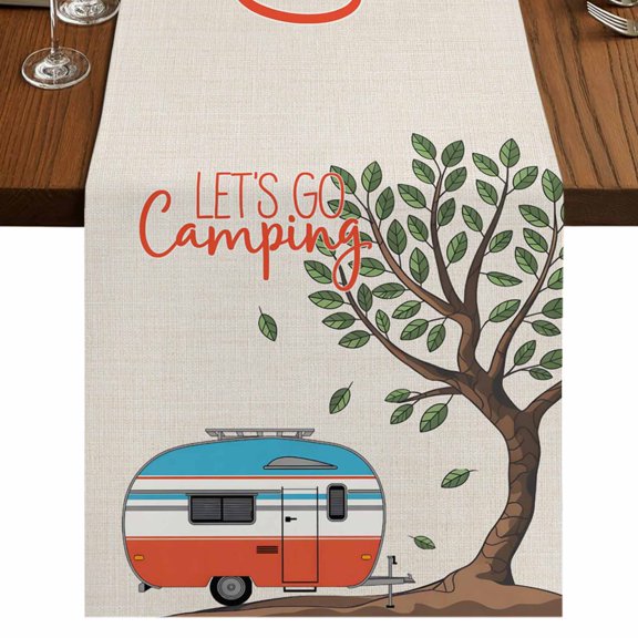 Let's Go Camping Burlap Cotton Table Runner 13x48 Inches Long, Modern Camper Van Trees Burlap Rustic Farmhouse Table Runners, Outdoor Dining Tablecloths Decor for Baby Shower/Party/Wedding