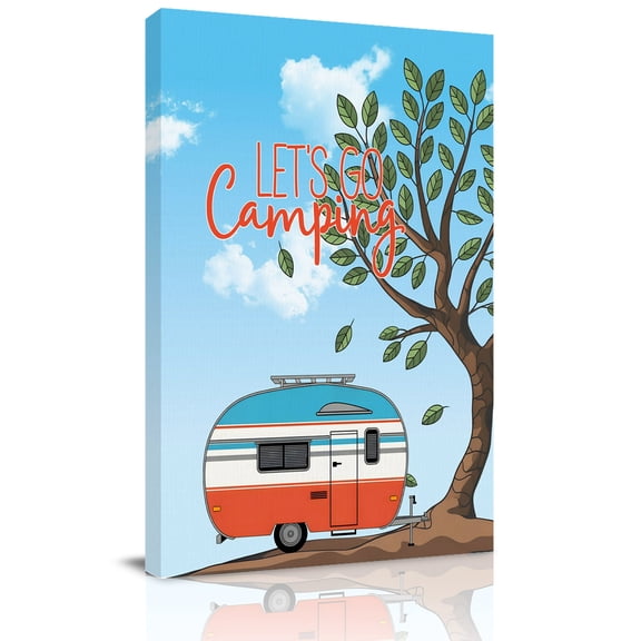 Let's Go Camping Canvas Wall Art for Living Room, Caravan RV Tree Spring Summer Wall Decor Framed Artwork Pictures Ready to Hang for Bedroom Office Home Decor