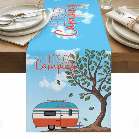 Let's Go Camping Cotton Linen Table Runner Caravan RV Tree Spring Summer Dining Table Runners for Home Decor Party Dining Room Restaurant Kitchen Party 13" x 36"