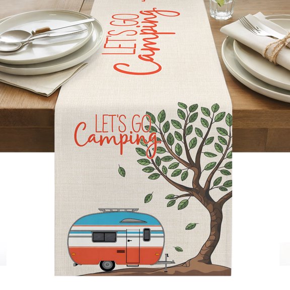 Let's Go Camping Cotton Linen Table Runner Caravan RV Tree Spring Summer Vintage Dining Table Runners for Home Decor Party Dining Room Restaurant Kitchen Party 13" x 48"