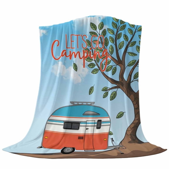 Let's Go Camping Fleece Throw Blanket Caravan RV Tree Spring Summer Ultra Soft Fuzzy Cozy Flannel Throw Blanket for Couch Sofa Bed Car Travel, Ideal Gifts 40x50 Inches