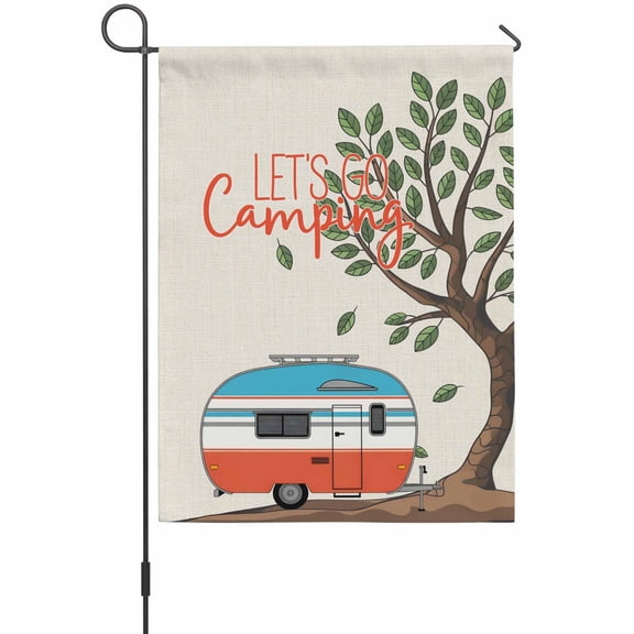 Let's Go Camping Garden Flag 12 x 18 Inches, Caravan RV Tree Spring Summer Vintage Weather Proof Outdoor Patio Flags Double Sided Small Garden Decoration for Yard Outside Home