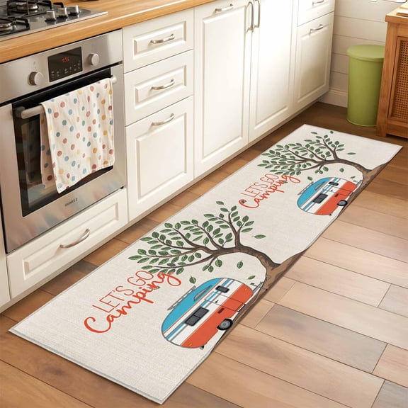 Let's Go Camping Hallway Washable Runner Rug 2x6 Caravan RV Tree Spring Summer Vintage Kitchen Runner Mat with Non Slip Backing Low Pile Thin Floor Carpet for Indoor Bedroom Living Room