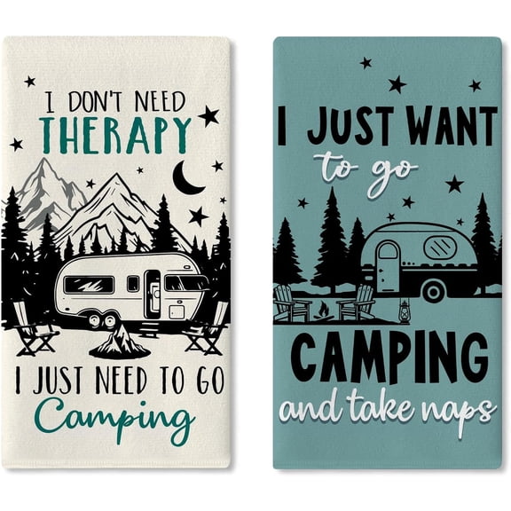 Go Camping Kitchen Dish Towels Set of 2, Camper RV Mountain Forest Adventure Drying Hand Towel Baking Cooking Cloth, Blue Farmhouse Campsite Bonfire Bathroom Home Decoration 18'' x 26''
