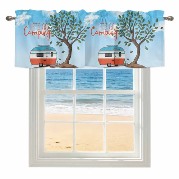 Let's Go Camping Kitchen Valances for Windows 54x18 Inch Kitchen Curtains Valances Rod Pocket Modern Camper Van Trees Blue Sky Bathroom Window Valances for Window Treatment Decor