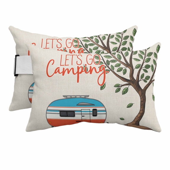 Let's Go Camping Outdoor Pillows for Chaise Lounge Chair Beach Headrest Pillow Set of 2 Waterproof Lumbar Pillows with Insert&Strap Modern Camper Van Trees Burlap Rustic Pool Pillow 12"x20"