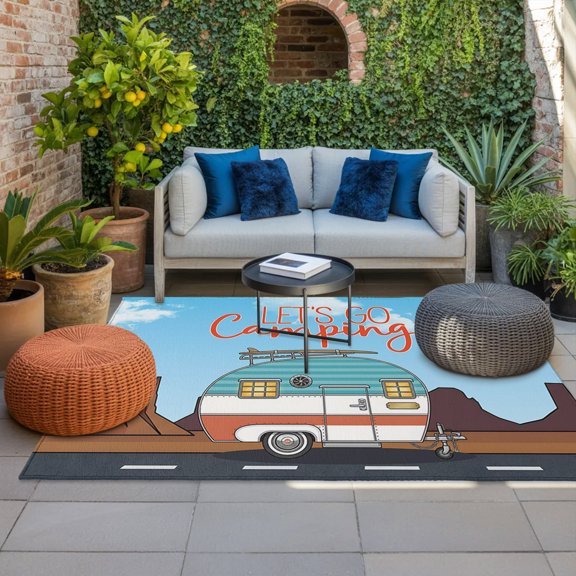 Let's Go Camping Outdoor Rug, Vintage Cartoon Camper Desert Canyon Asphalt Road Non-Slip Area Rugs Carpet Breathable Large Floor Mat for Outdoors Patio Porch Deck Beach 6’ x 9’