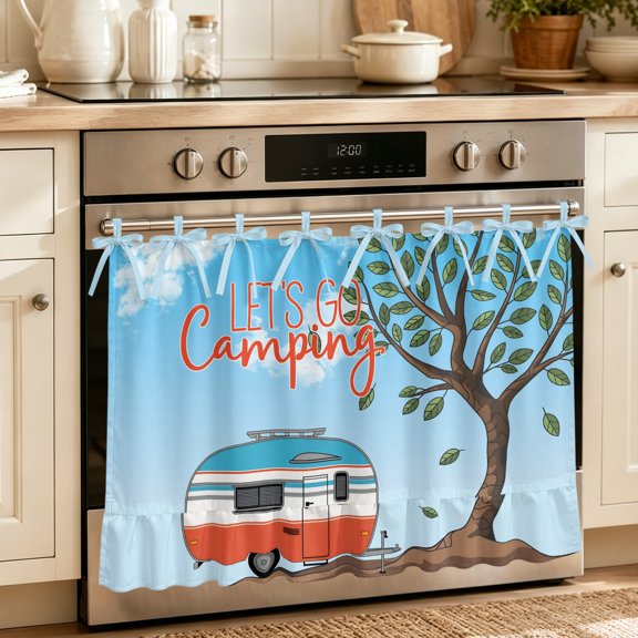 Let's Go Camping Oven Curtain with Tie Top,Oven Skirt Curtain for Kitchen,Modern Camper Van Trees Blue Sky Under OvenCover Panel for Dust & Grease Protection,Apartment RV Cabinet Curtains 27''x20''