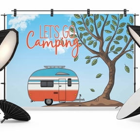 Let's Go Camping Photography Backdrop 7x5FT, Caravan RV Tree Spring Summer Photo Backdrops, Background for Photography Studio Photo Studio Background, Back Drop for Photoshoot